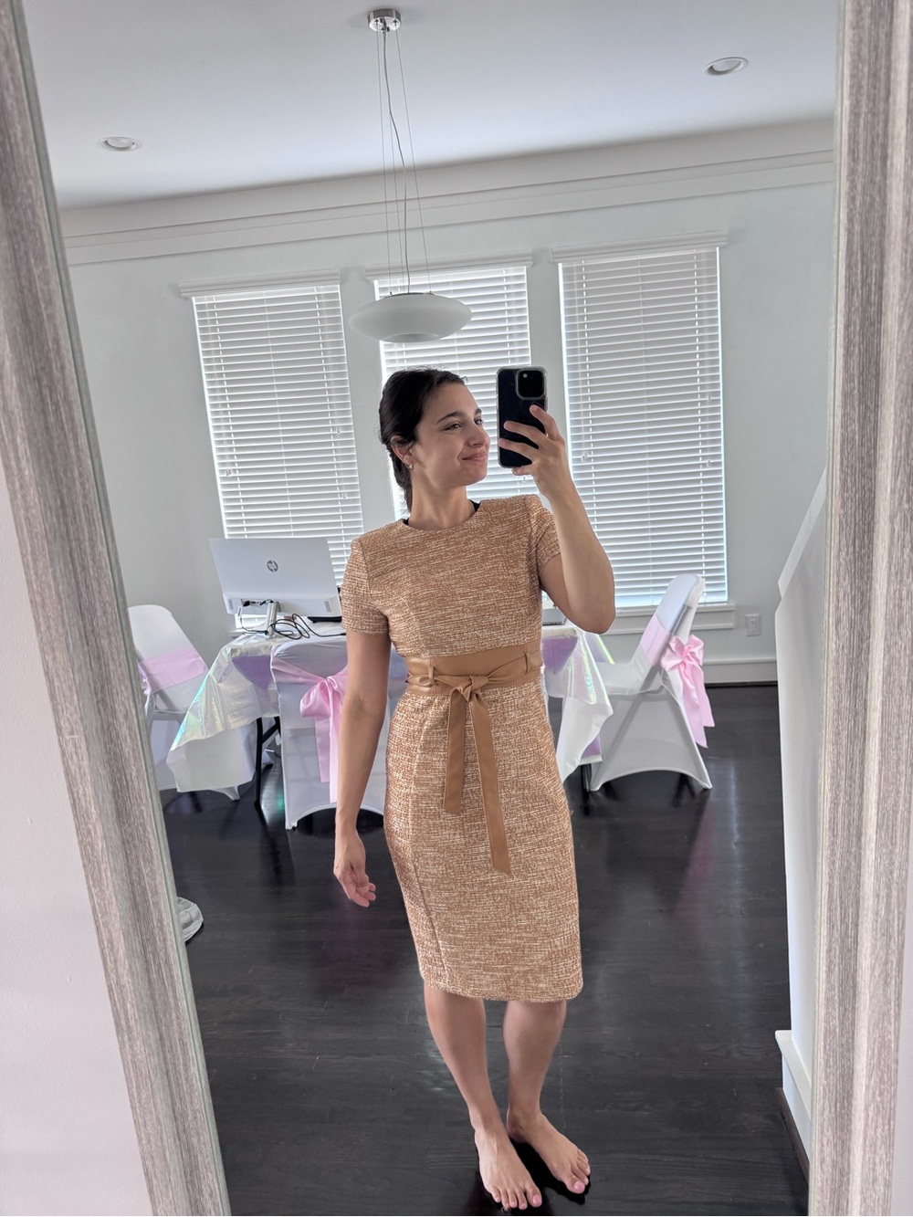 Calvin Klein Tan Tweed Belted Sheath Dress